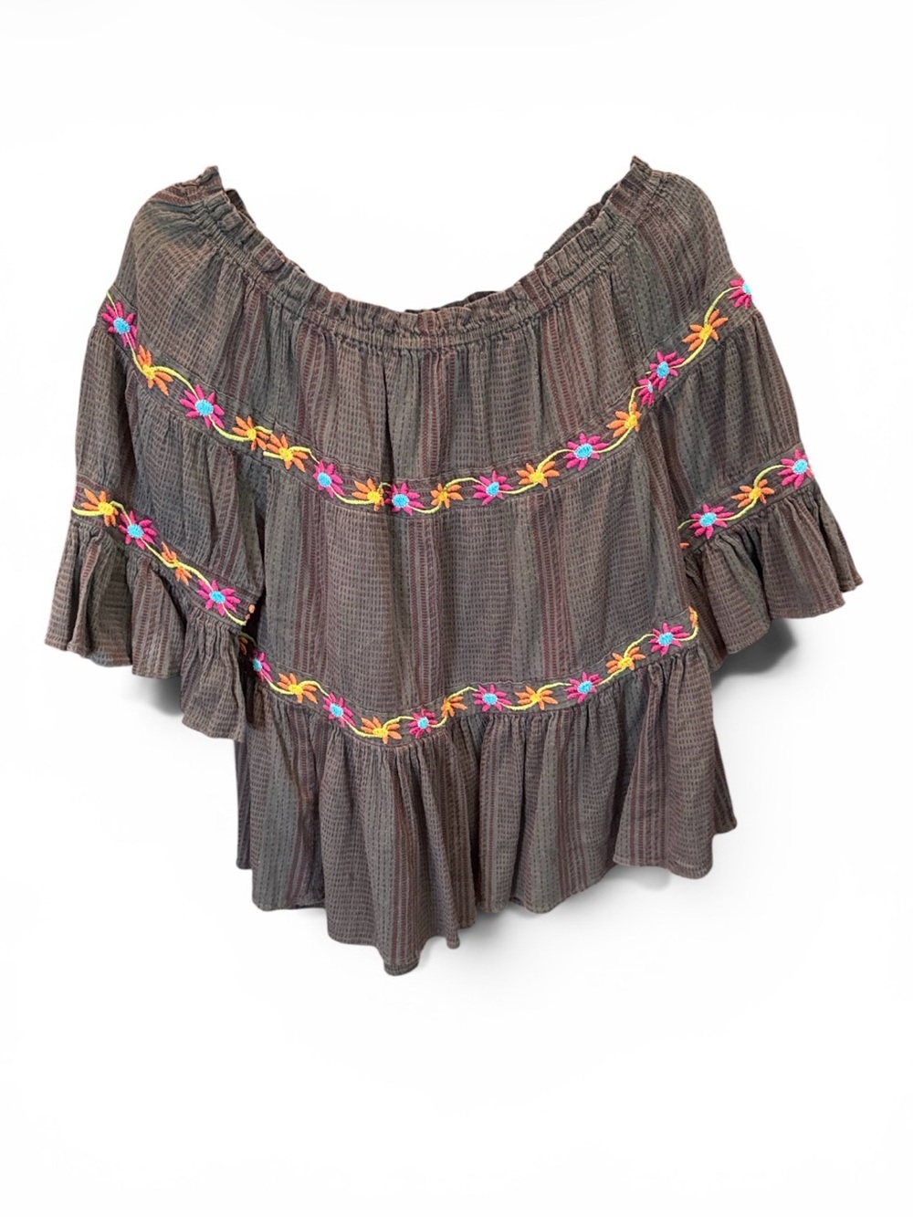 ivy jane Brown Off-Shoulder Peasant Top Pink & Orange Floral Embroidery Sm/Med